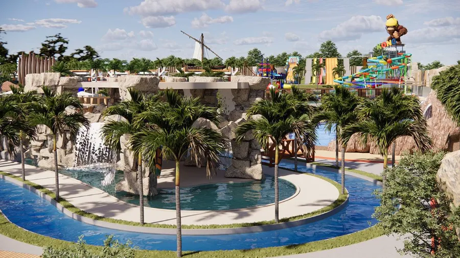 Piscinas, cascata e toboáguas do parque