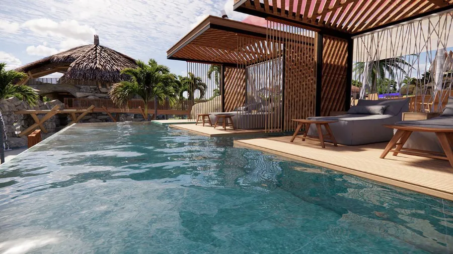 Piscina com deck e lounge coberto